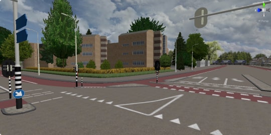 Scene uit de Virtuele Verkeersregelaar waar de gebruiker uitkijkt over hetzelfde kruispunt als die te zien is op Google Maps streetview